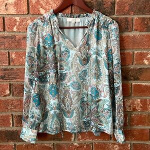LOFT Blue Paisley Long Sleeve Blouse